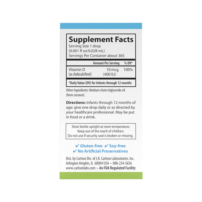 Carlson Labs Baby's Super Daily D3, 400 IU - 10 ml. - Health and Wellbeing at MySupplementShop by Carlson Labs