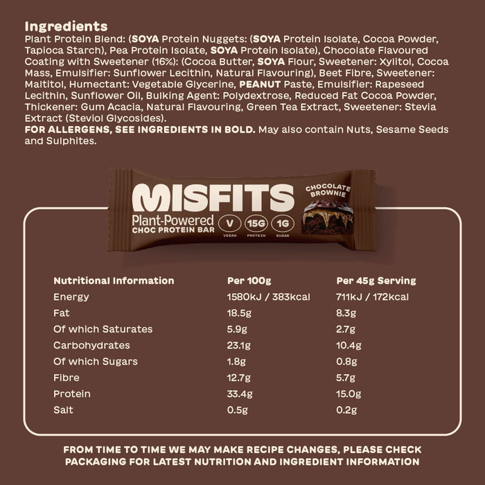 Misfits Vegan Protein Bar 12x45g Chocolate Brownie - Snack Food Bar at MySupplementShop by Misfits