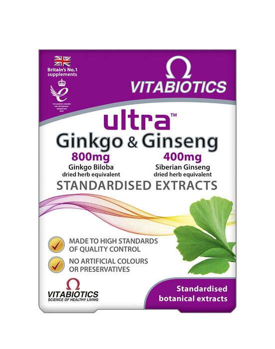 Vitabiotics Ultra Ginkgo & Ginseng Standardised Botanical Extracts 60 Tablets - Energy & Mind at MySupplementShop by Vitabiotics