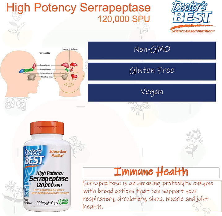 Doctor's Best Serrapeptase, 120 000 SPU High Potency - 90 vcaps - Health and Wellbeing at MySupplementShop by Doctor's Best