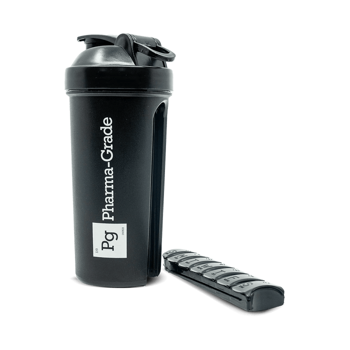 Pharma Grade 700ml Black Protein Shaker with 7-Day Pill Box - Stylish & Durable