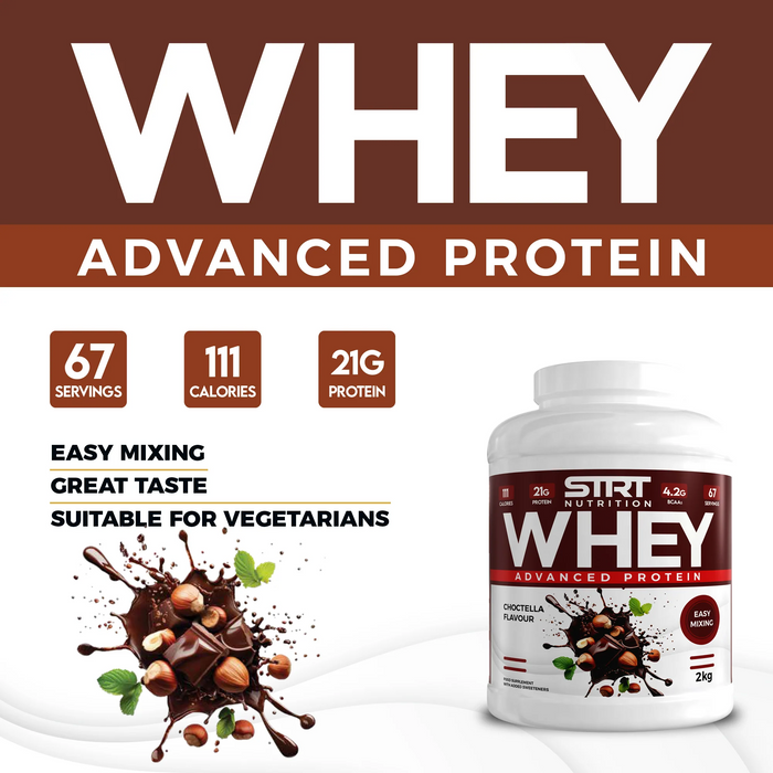 STRT Nutrition Whey Protein 2kg – 21g Protein, 67 Servings, Multiple Flavours