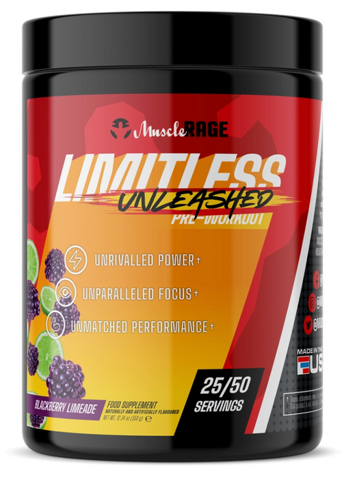 Muscle Rage Limitless Unleashed Pre-Workout by Muscle Rage: The Key to Unsurpassed Performance 350g - Blackberry Limeade - Sports Supplements at MySupplementShop by Muscle Rage