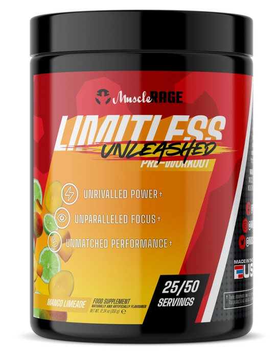 Muscle Rage Limitless Unleashed Pre-Workout by Muscle Rage: The Key to Unsurpassed Performance 350g - Mango Limeade - Sports Supplements at MySupplementShop by Muscle Rage