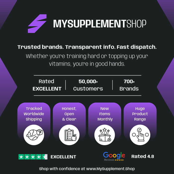 Promotional graphic for MySupplementShop featuring trusted supplement brands, transparent information, fast dispatch, and over 50,000 customers. Highlights include tracked worldwide shipping, honest and clear service, new products added monthly, and a huge product range. Rated Excellent on Trustpilot and 4.8 stars on Google Reviews. Shop with confidence at www.mysupplement.shop.