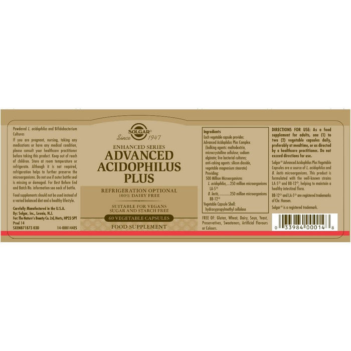 Solgar Advanced Acidophilus Plus Vegetable Capsules Pack of 60 - Digestive Health at MySupplementShop by UK Solgar