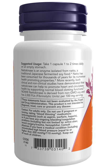 NOW Foods Nattokinase, 100mg - 60 vcaps - Health and Wellbeing at MySupplementShop by NOW Foods