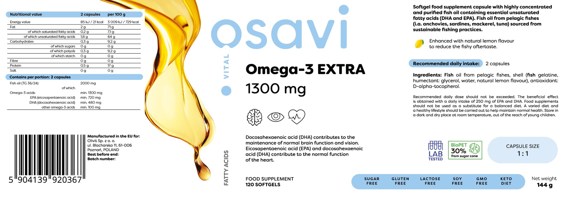 Osavi Omega-3 Extra, 1300mg (Lemon) - 120 softgels (EAN 5904139920367) - Omega-3 at MySupplementShop by Osavi