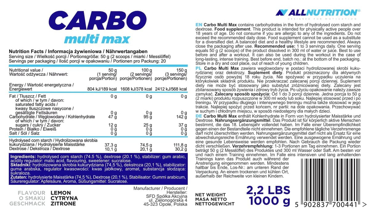 Allnutrition Carbo Multi Max, Lemon - 1000 grams - Weight Gainers & Carbs at MySupplementShop by Allnutrition